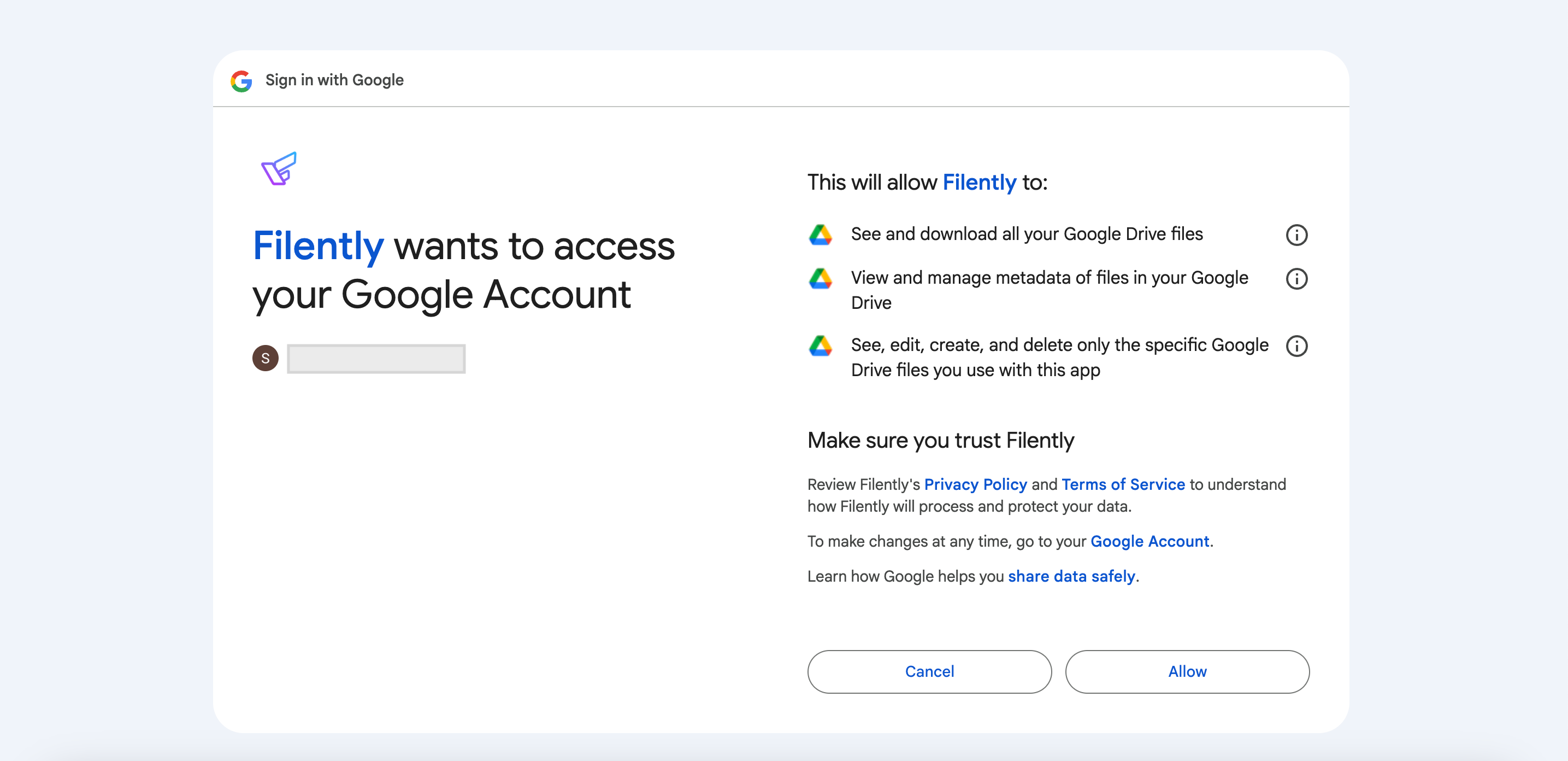 Filently: Access to your Google Account