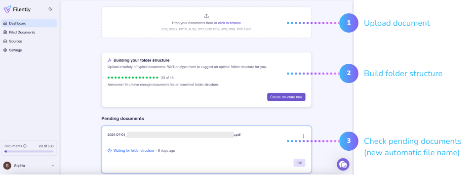 Upload documents & build folder structure with Filently