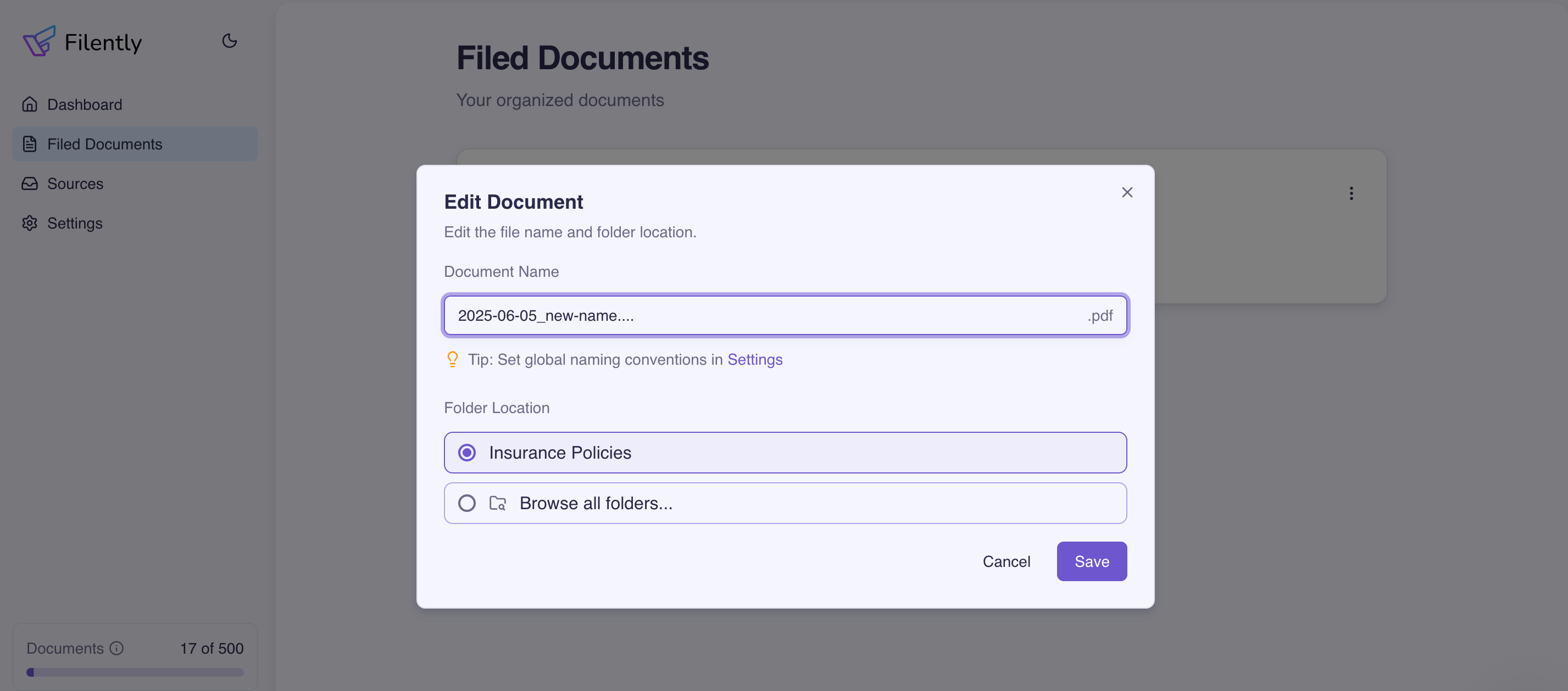 Filently: pick new name or folder